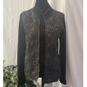 Peter Martin Black Quilted Front Ribbed Knit Full Zip Mock Neck Jacket Large